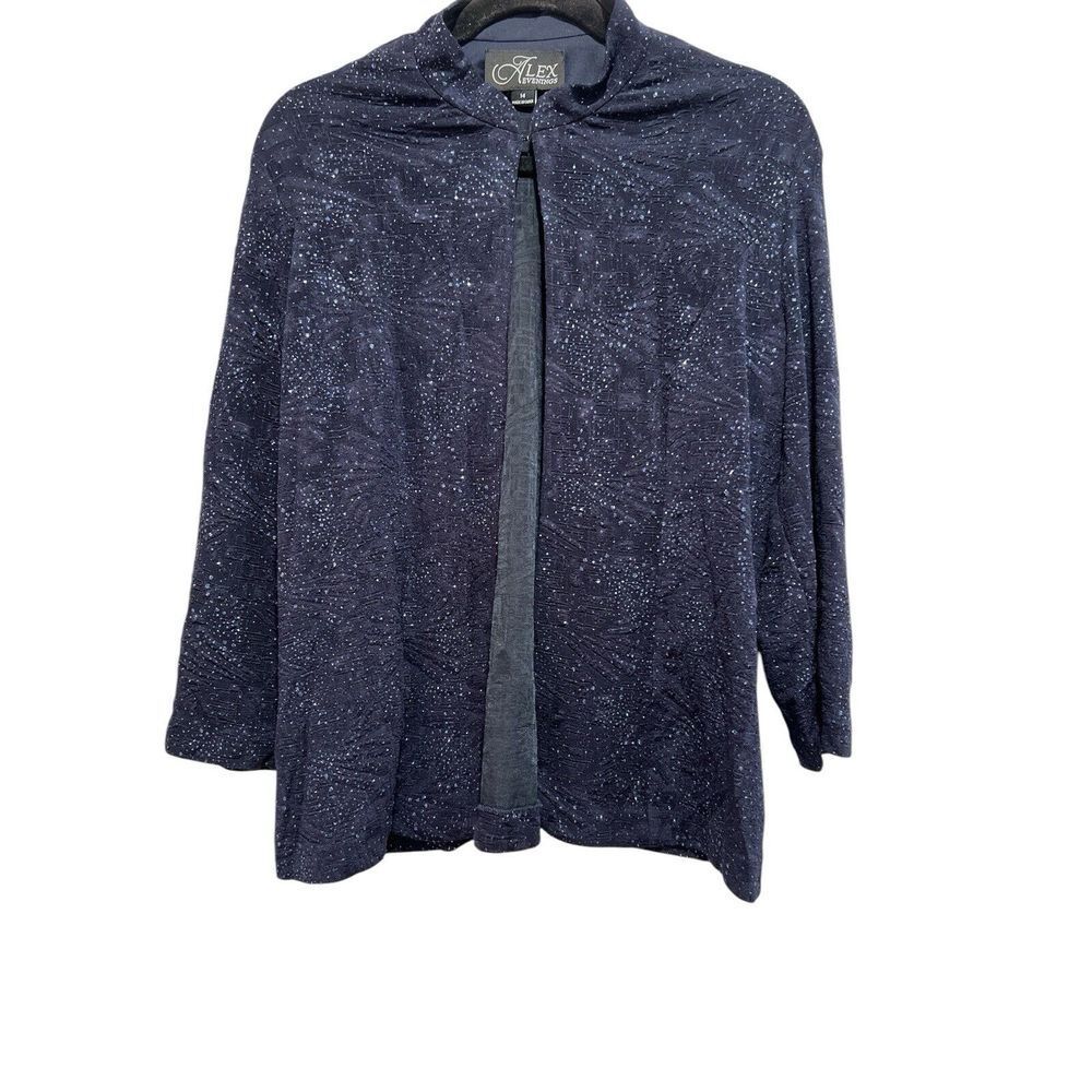 NWT Alexβ Evenings Jacquard Knit Glittered Mandarin neckline jacket navy size 14